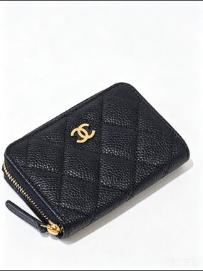 CHANEL Quilted Black Caviar Leather Zip Wallet with Gold CC